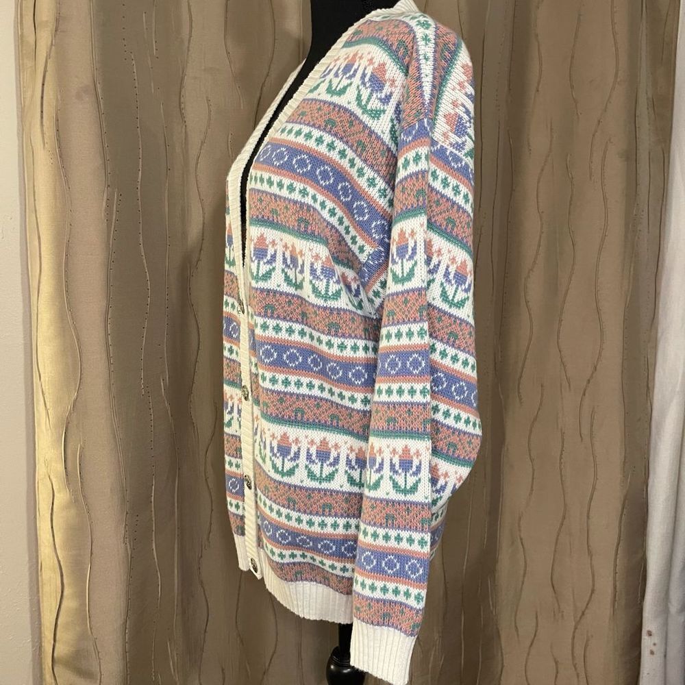 Vintage 80s / 90s Womens Medium Pastel Floral Knit Cardigan Sweater USA - Picture 3 of 9